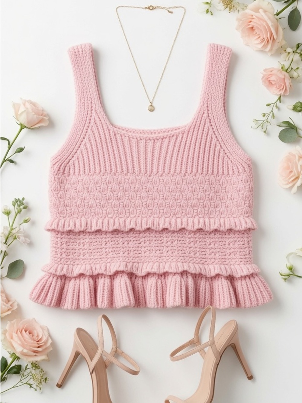 Ruffle Detail Heavy Crochet Tank Top